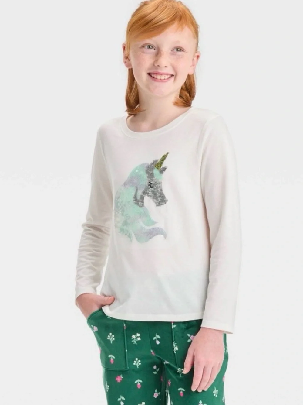 Cat & Jack White Long-Sleeve Tee with Sequin Mint & Silver Unicorn